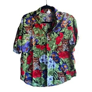Caribou Women's Vintage Hawaiian Button Up Colorful Shirt Size Medium